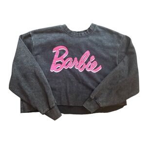 Barbie Cropped Sweatshirt Top Gray Pink Graphic Crewneck‎ Pullover Womens Large